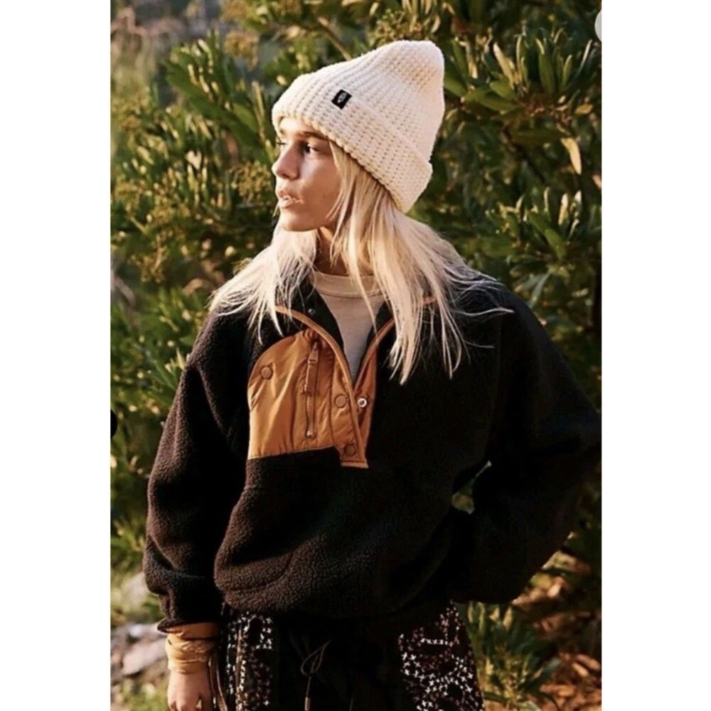 Free People Hit The Slopes Colorblock Pullover Fleece Womens XL Black & Tan - Picture 3 of 16